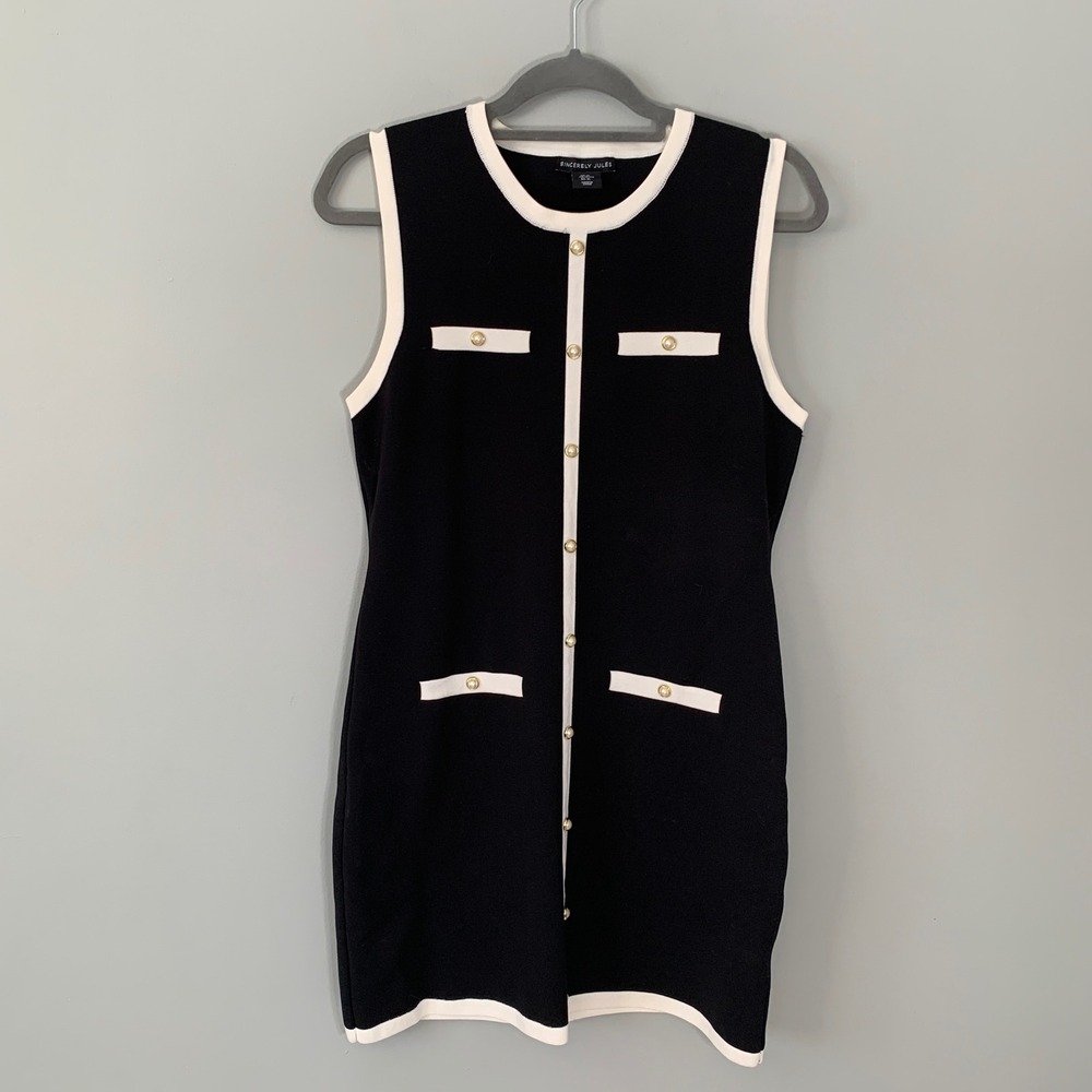 Sincerely Jules Black White Knit Pearl Button Mini Dress XL Sleeveless Preppy